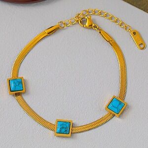 Gold Turquoise Charm Bracelet Herringbone Pendant